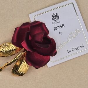 Vintage Rose Brooch Pin Gold-Tone Red Stamped Cerrito.